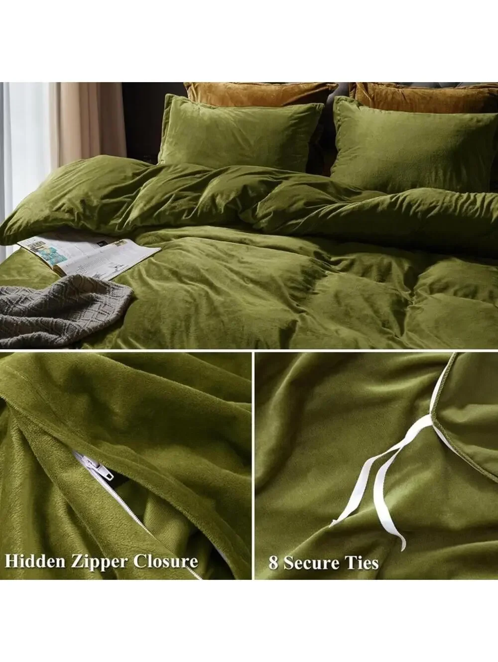 🆕 Olive Green Velvet Luxury Duvet Set Bedding High End Hotel Vibes KING